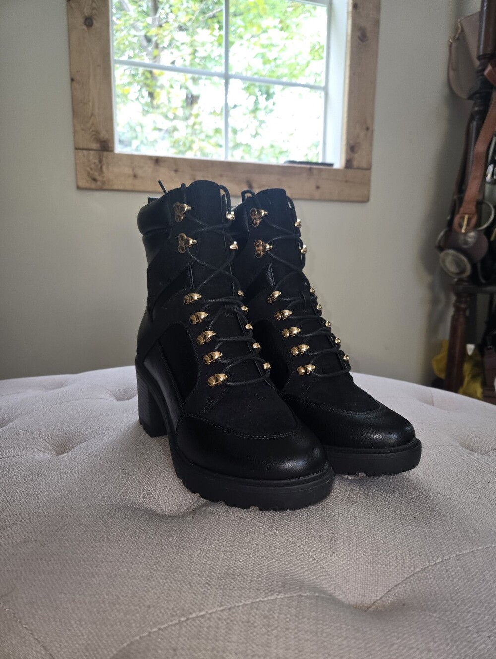 Black Lace-Up Lug Heel Boots with Gold Hardware